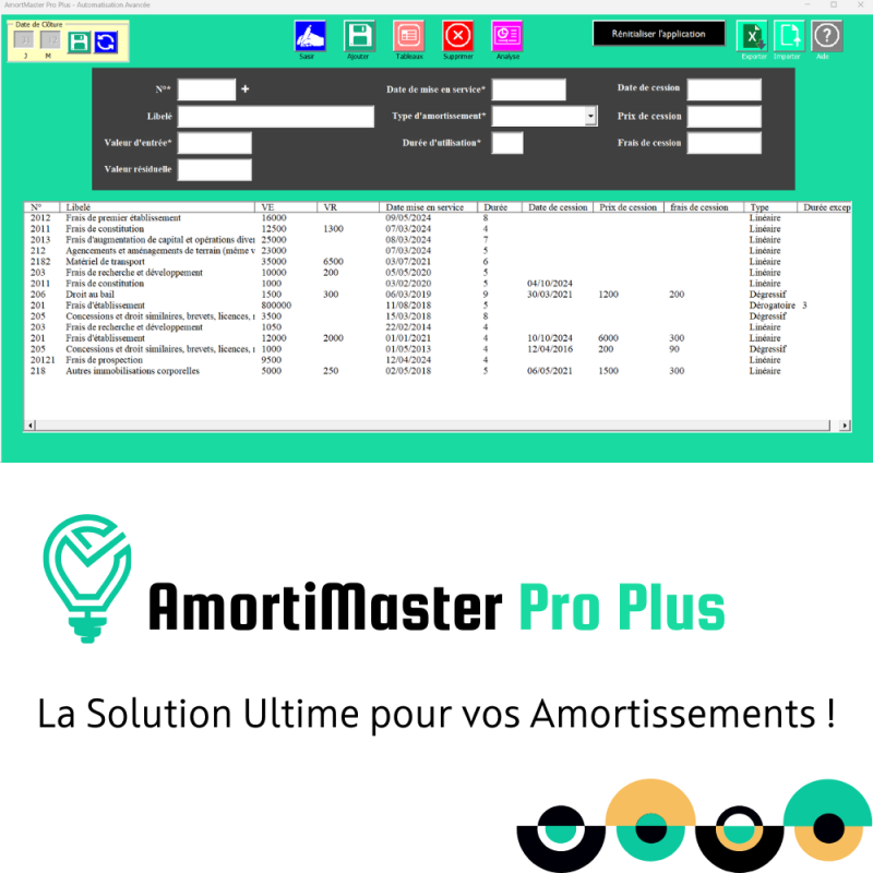 Interface intuitive du logiciel d'amortissement AMORTIMASTER PRO pour une gestion simplifiée des immobilisations et des Frais d'Immobilisation .