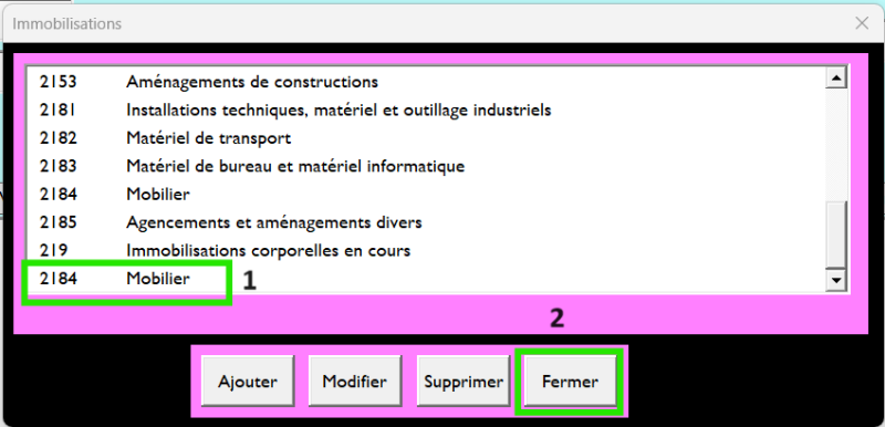Capture d'écran des boutons du logiciel amortissement pour Excel. 