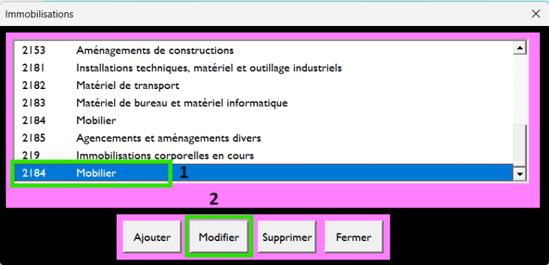 Exemple de fonctionnalité du logiciel amortissement développé en VBA Excel. 