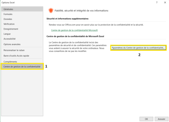 Message de sécurité d'Excel demandant l'activation des macros pour lancer le logiciel d'amortissement.