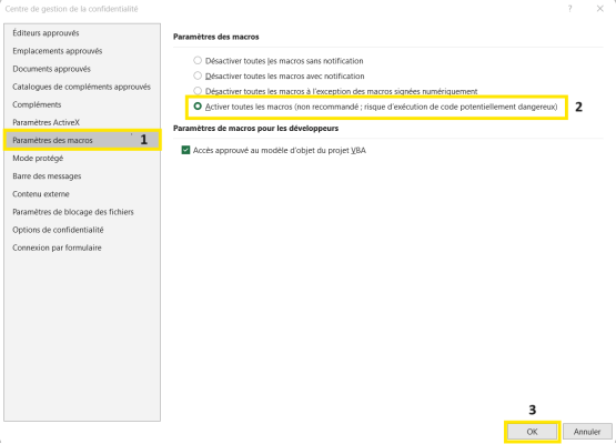 Guide visuel pour activer les macros et débloquer les fonctionnalités du logiciel d'amortissement Excel