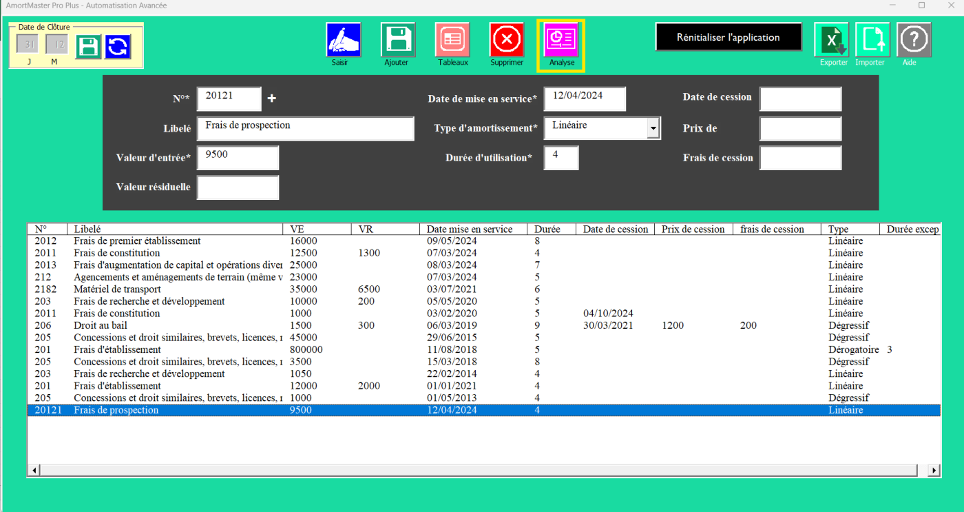 Interface intuitive du logiciel d'amortissement AMORTIMASTER PRO pour une gestion simplifiée des amortissements avec cession d'immobilisation.