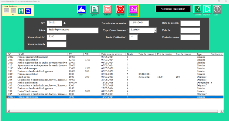 Capture d'écran du logiciel d'amortissement avec calculs intégrés sous Excel. 