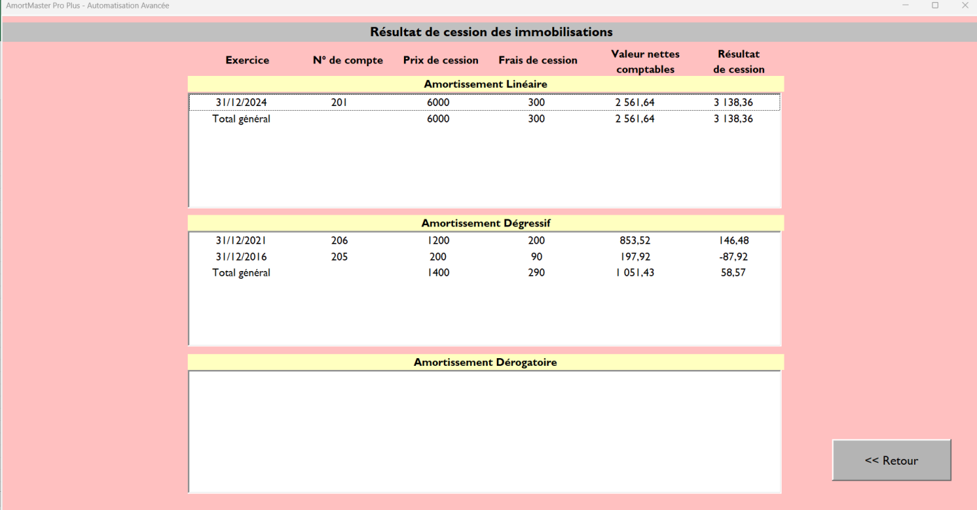 Interface intuitive du logiciel d'amortissement AMORTIMASTER PRO pour une gestion simplifiée des amortissements avec cession d'immobilisation.