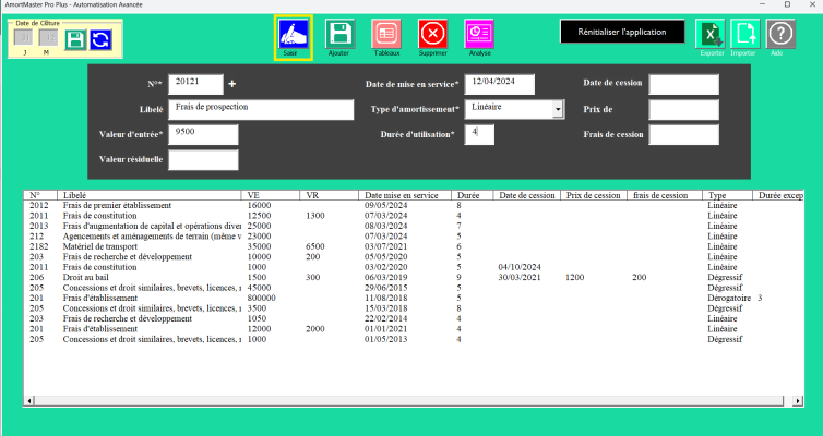 Logiciel d'amortissement automatisé : aperçu des paramètres et options. 