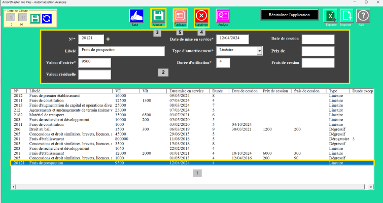 Interface utilisateur du logiciel amortissement développé sur Excel. 