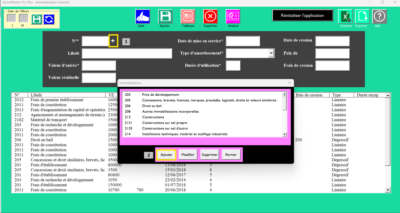 Interface intuitive du logiciel d'amortissement AMORTIMASTER PRO pour une gestion simplifiée des immobilisations et des travaux d'inventaire.