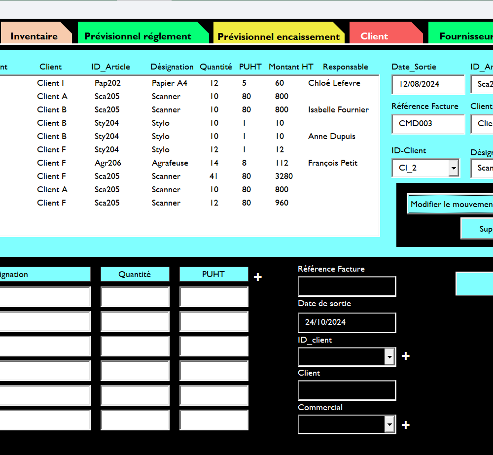Découvrez l’interface claire et ergonomique de notre outil de gestion de stock, conçu pour simplifier vos entrées et sorties, gérer vos inventaires en temps réel, et analyser vos performances grâce à des indicateurs clés. Une solution puissante pour optimiser votre gestion des stocks et vos processus métier.