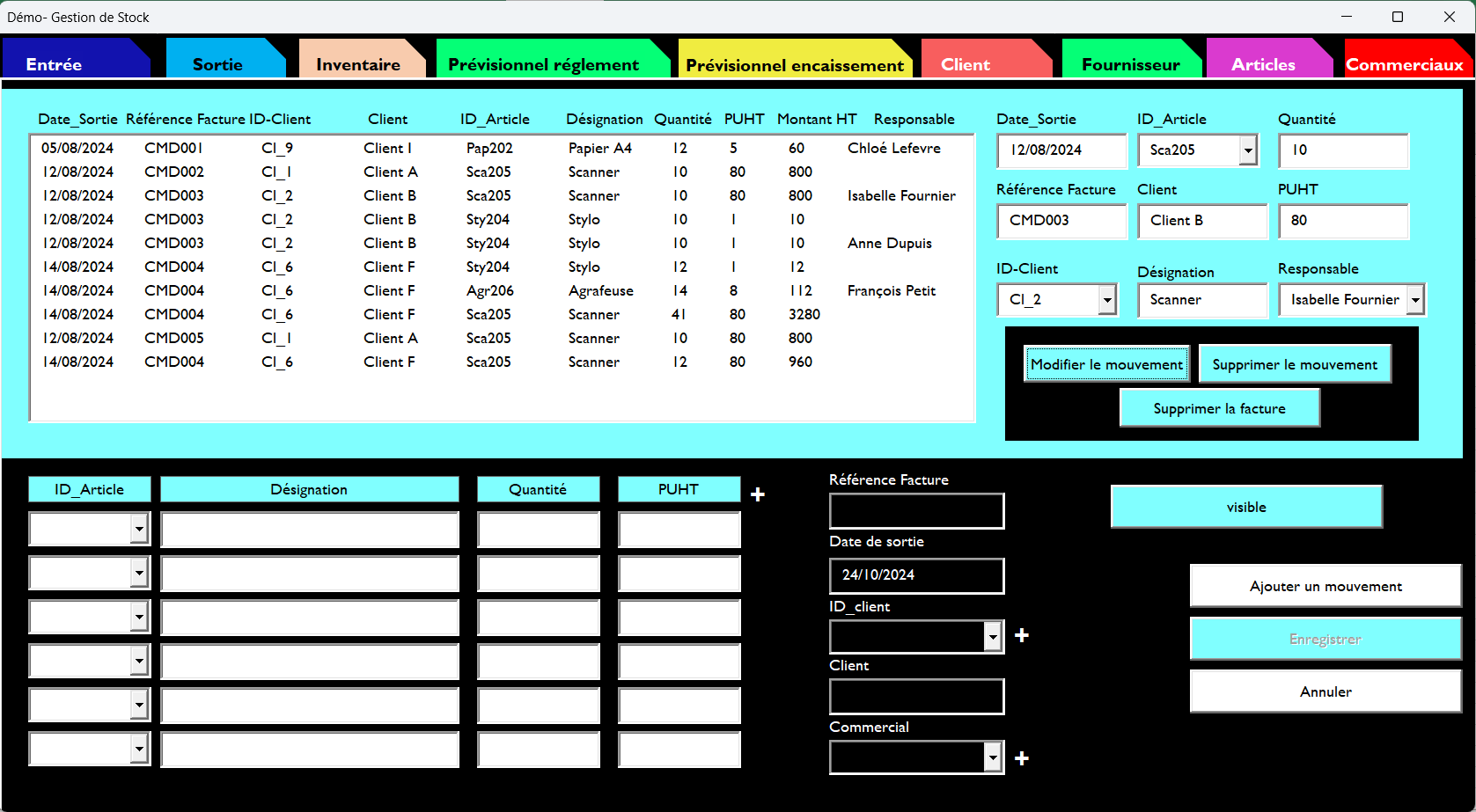 Découvrez l’interface claire et ergonomique de notre outil de gestion de stock, conçu pour simplifier vos entrées et sorties, gérer vos inventaires en temps réel, et analyser vos performances grâce à des indicateurs clés. Une solution puissante pour optimiser votre gestion des stocks et vos processus métier.